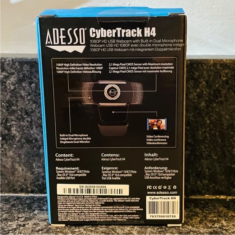 New Adesso Webcam CyberTrack H4 1080P HD USB Built-in Dual Microphone Black